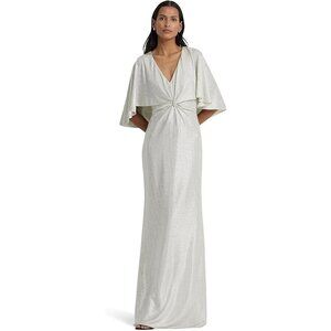 Lauren Ralph Lauren Dress Womens Size 4 Silver Metallic Cape Maxi Gown $295